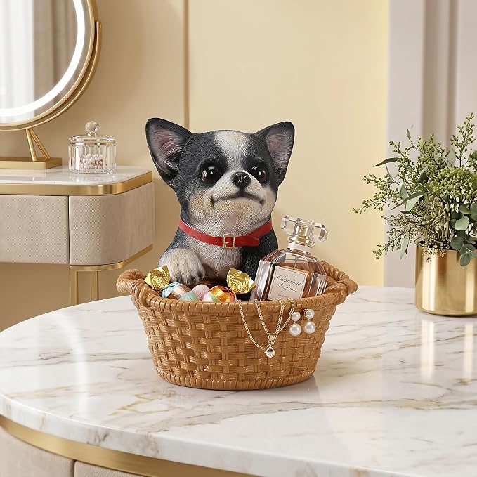 Cute Chihuahua Candy Bowl, Resin Dog Figurine Key Bowl for Entryway Table, Desktop Storage Basket Organizer for Desk, Unique Dog Lover Gift