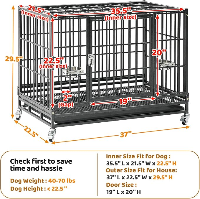 Homey Pet 37 Inch Two Tiers Stackable Dog Crates for Medium Dogs | Indestructible Heavy Duty Dog Cage with with Lockable Wheels, Removable Tray, Opent Top, Escape Proof Locks, Bowls