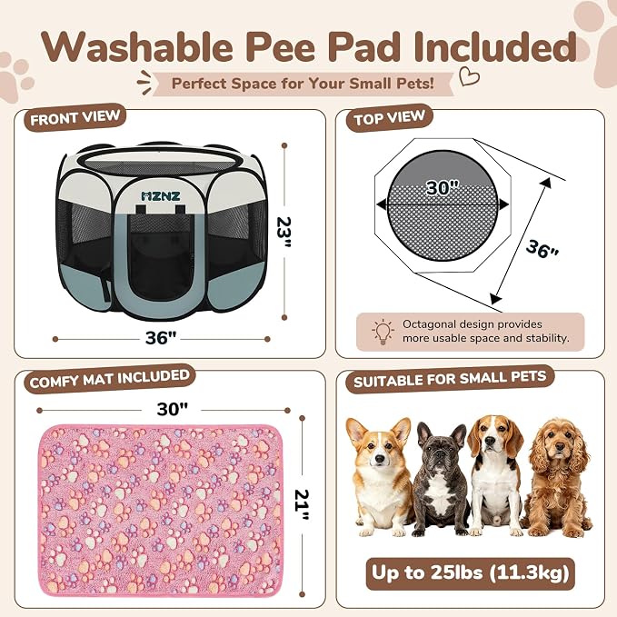 Dog Cat Small Animal Puppy Playpen Crate with 2 Blankets, Medium, Grey | Portable Pop Up Pet Cage Enclosure Tent Kennel Indoor Outdoor with Carrying Case, No Assembly, Camping Use