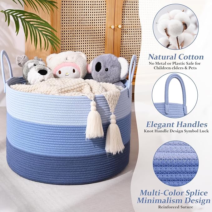 67L Large Woven Blanket Basket, Cotton Rope Baby Laundry Hamper with Handles, Kids Toy Basket for Classroom & Nursery, Soft Round Stuffed Animal Storage, Dog Toy Bin - 20"x13", Blue