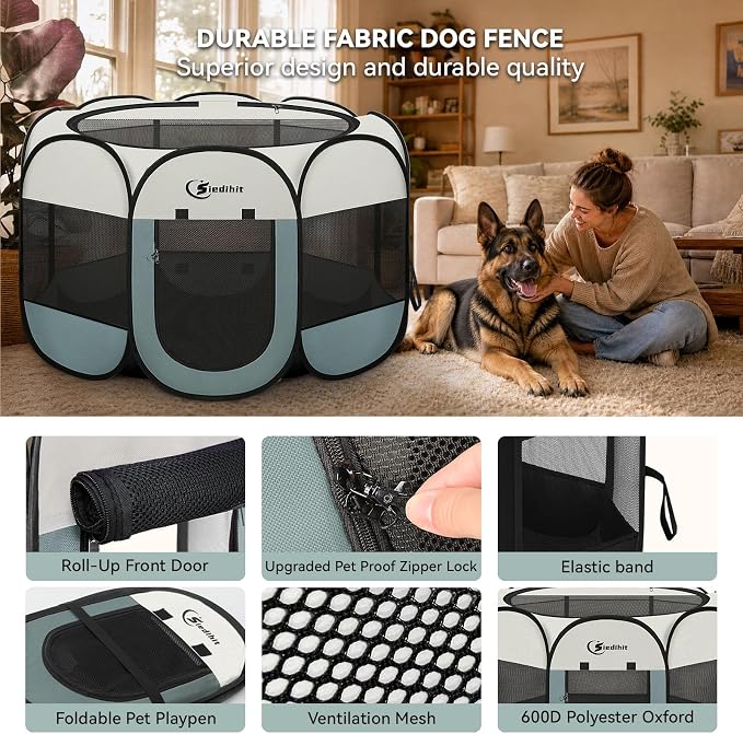 Siedihit Dog Playpen Tent Crate Cage Indoor Outdoor Travel Extra Large Grey | Pet Nursing Enclosure Camping Rest Zone for Recovering Pets 600D waterproof polyester Oxford, Breathable double-layer mesh