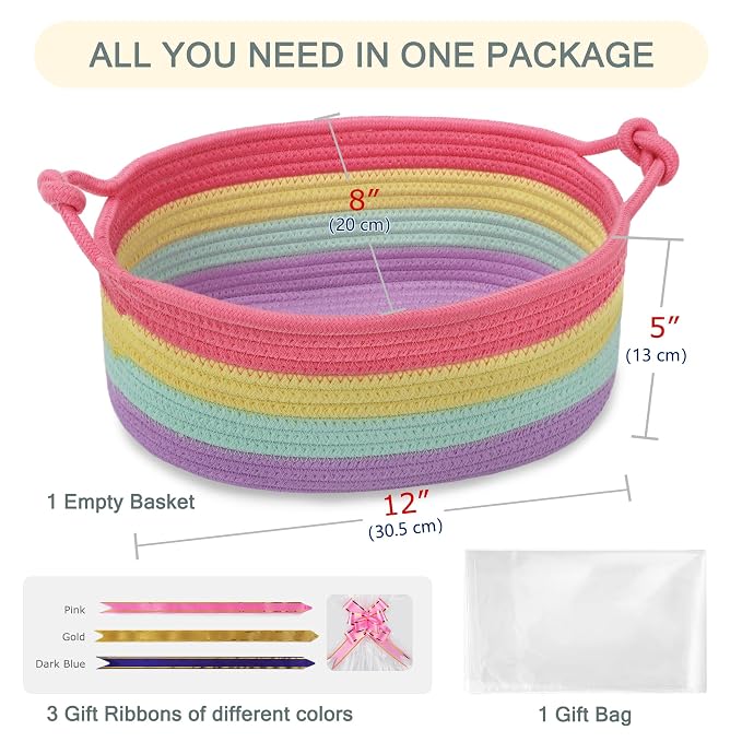 COMSE Small Gift Basket Empty with Bag & Ribbons, Rainbow | Cotton Rope, 12"x 8"x 5", Pet Toy Storage Organizer, Woven Basket for Birthdays, Baby Showers, Mother’s Day, Valentine’s Day