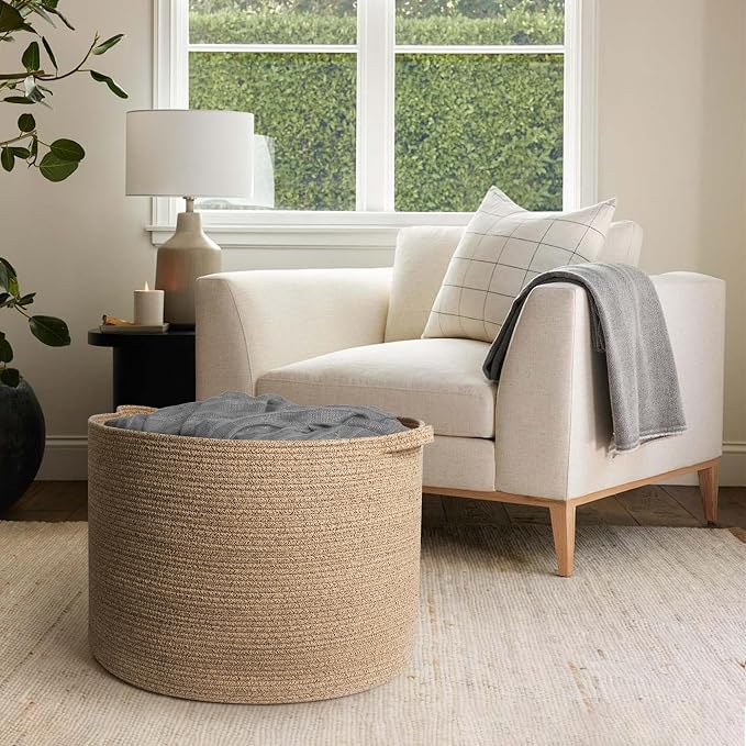 115L Extra Large Storage Basket, 23.6"x15.7" Woven Cotton Rope Basket, Giant Kids Dog Toy Bin, XXXL Boho Blanket Pillow Holder for Living Room, Brown Variegated Woven Baskets for Organizing