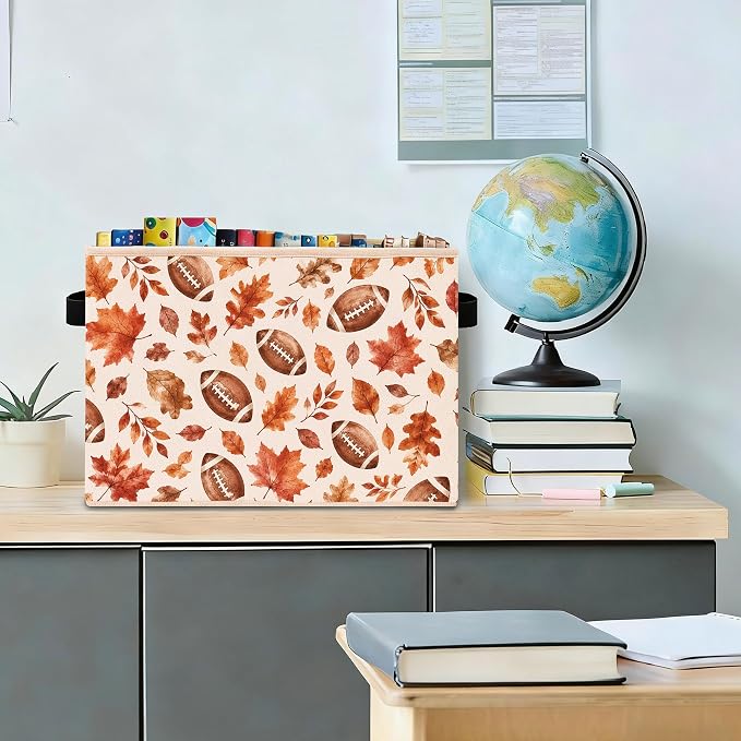 Football Fall Leaves Storage Bin, Fabric Organizer | Football and autumn leaves storage bin for toys, books, clothes, blankets, game day rooms, shelves, and closets.