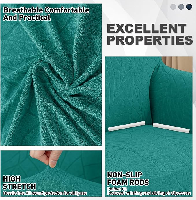 YEMYHOM Couch Cover Latest Jacquard Design High Stretch Sofa Covers for 3 Cushion Couch, Pet Dog Cat Proof Slipcover Non Slip Magic Elastic Furniture Protector (Large, Begonia Leaf Blackish Green)