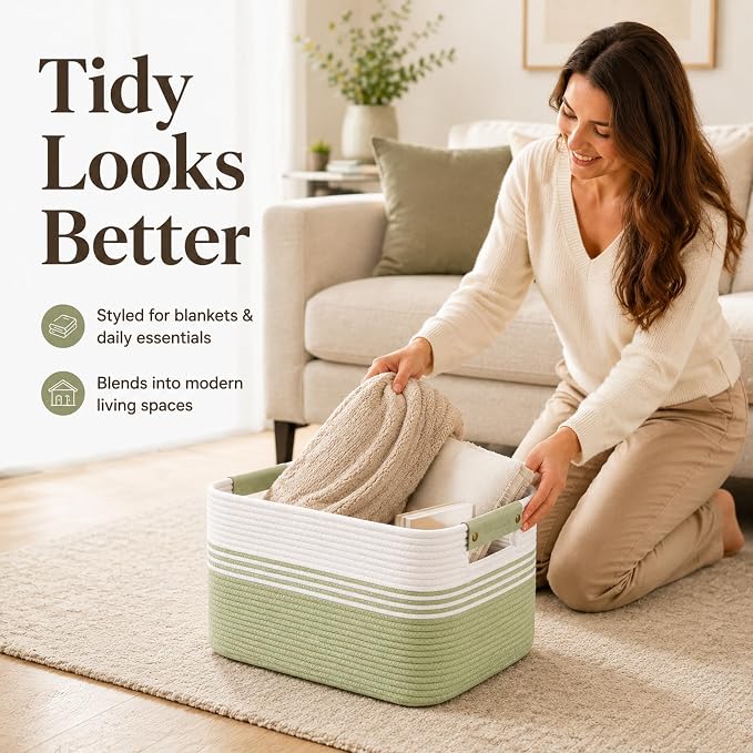 22.8GAL Xl Extra Large Laundry Basket for Bathroom, Dorm Dirty Clothes, Sturdy Portable Aesthetic Boho Cute Woven Storage Shoes Blanket Baskets for Living Room Decor Girls Boys Pets Toys White Green