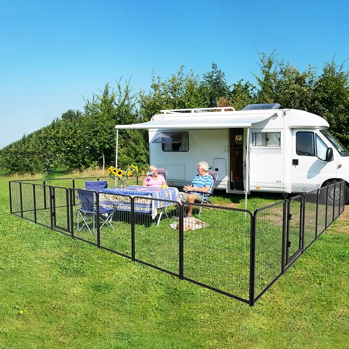 Kfvigoho Dog Playpen Outdoor Extra Wide 32 Panels Heavy Duty Dog Fence 32" | Anti-Rust Coating-Strengthened Dog Fence with Doors Portable for RV Camping Yard, Total 84FT, 561 Sq.ft, Snowy Black