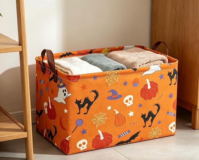 Halloween Basket Pumpkin Baskets Trick or Treat Basket Rectangular Storage Bin for Halloweens Parties(Candy Pumpkin)