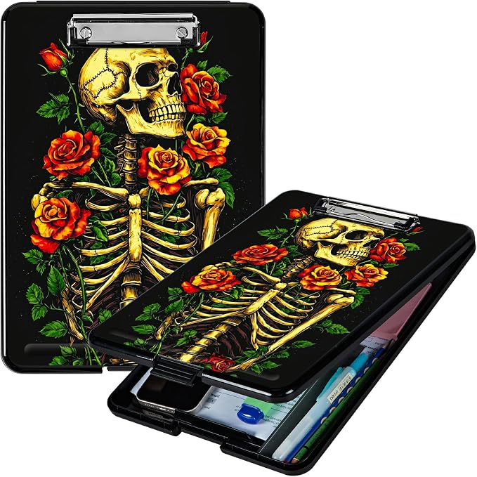 Skull Red Rose A4 Clipboard with Storage Pen Holder, Clipboards Organizer Nursing Clipboard Foldable File Folder Plastic Clipboard Folio Clip Board for Office Students Classroom Doctor