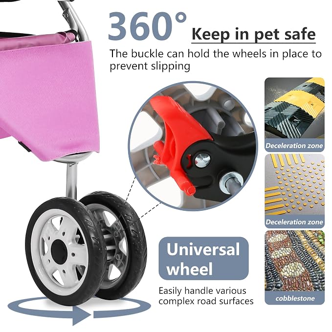 FDW Pet Stroller Foldable Dog Stroller 3-Wheel Durable Cat Jogger Stroller for Small and Medium Dogs Cats with Washable Liner Storage Basket Cup Holder,Pink