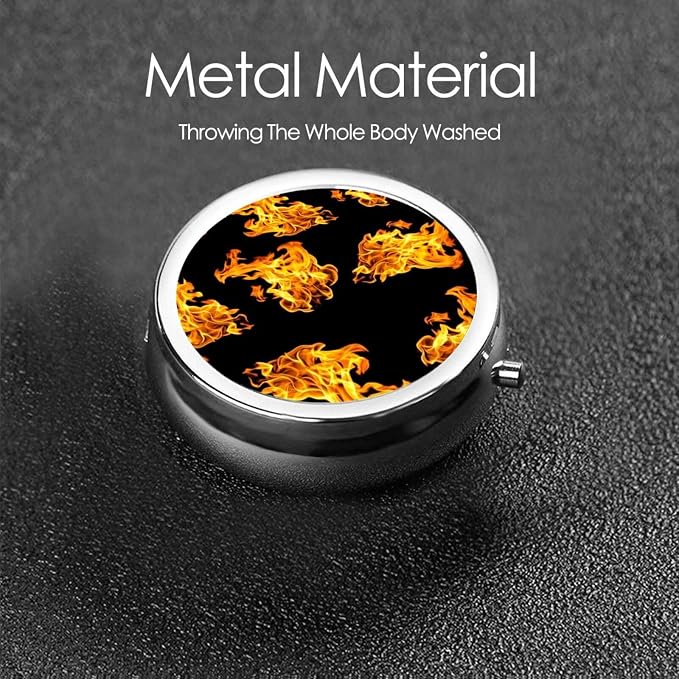 Travel Pill Organizer, Small Round Case with Mirror, Portable Pill Box for Fish Oil Vitamins, Pocket Purse Carry for Commuters, Flame Fire