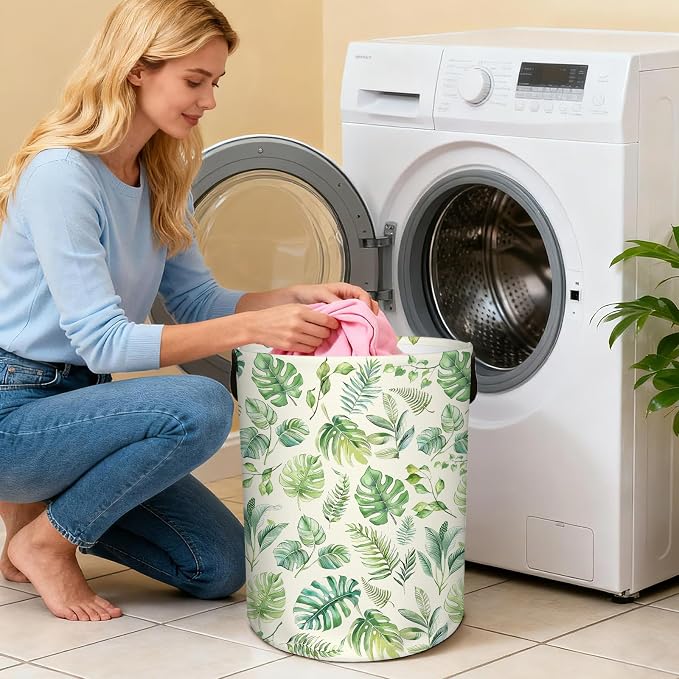 Green Laundry Hamper Boys Baby, Collapsible Nursery Laundry Basket for Bedroom, Round Waterproof Storage Bin with Handles for Toys, Storage Basket for Bathroom, Nursery Room Decor, 13.8x17.7in