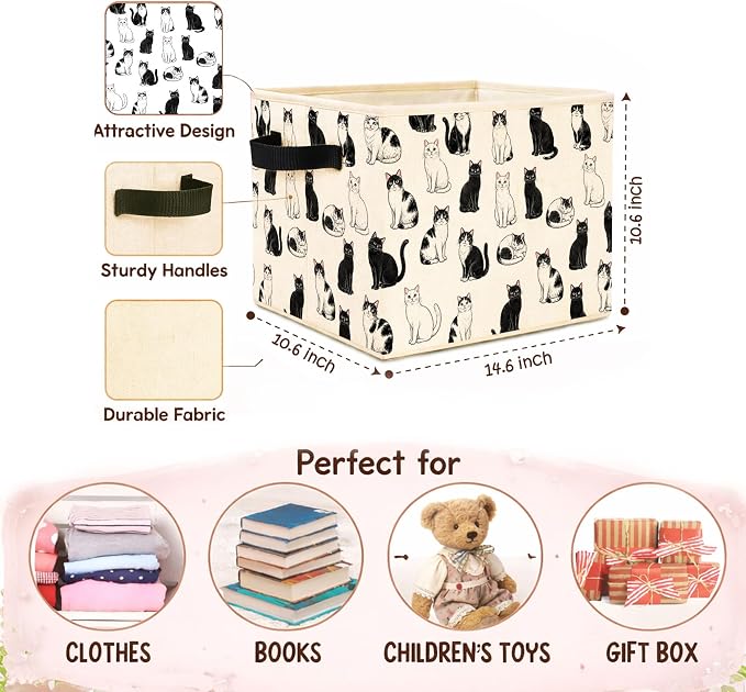 Cat Pattern Storage Bin, Foldable Fabric Organizer Basket | Cat pattern storage bin with black and white cats, foldable fabric design, side handles for home organization.
