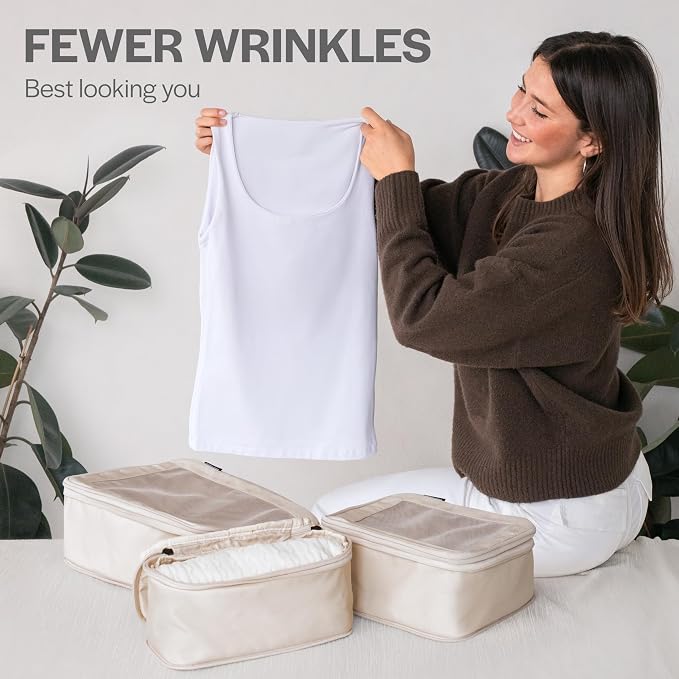 Compression Packing Cubes for Travel, 6-Pack, Beige | Solves overpacking, 6-Piece set fits most suitcases, 50% Space savings, Compression luggage organizer bags