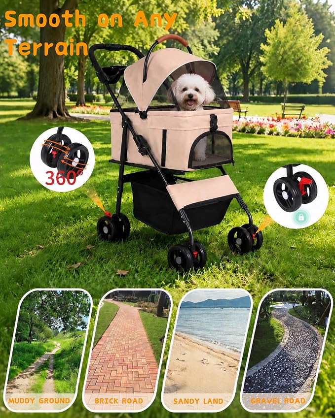 Pet Stroller, 3 in1 Foldable Dog Cat Stroller with Detachable Carrier-Khaki | 35lbs Lightweight Foldable Dog Stroller, All-Terrain 4 Wheels, Compact Travel Pet Stroller for Small to Medium Pets