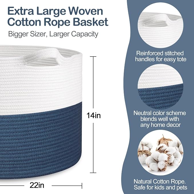 MEGASKET Extra Large Rope Basket, XXXL Woven Wicker Storage Basket, Kids Room Toy Storage Organizer and Storage, Dog Toy Stuffed Animal Basket Bins, Kids Room Playroom Organization(22" x 22" x 14")