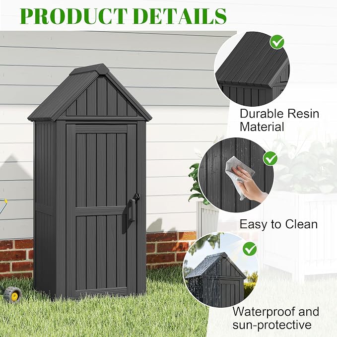 Vertical Outdoor Storage Shed, Waterproof Resin Outdoor Storage Cabinet with Removable Shelves & 12 Hooks, Lockable Small Tool Shed for Garden, Backyard, Patio, Pool, Black