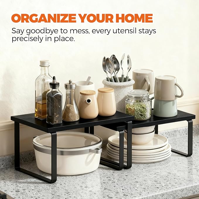 Cabinet Organizer Shelf, Kitchen Counter Shelf, Pantry Storage Riser | 4 Pack Natural Black & Black Beige Shelves with Metal Legs, Stackable Countertop Risers for Kitchen, Pantry & Cabinet Storage