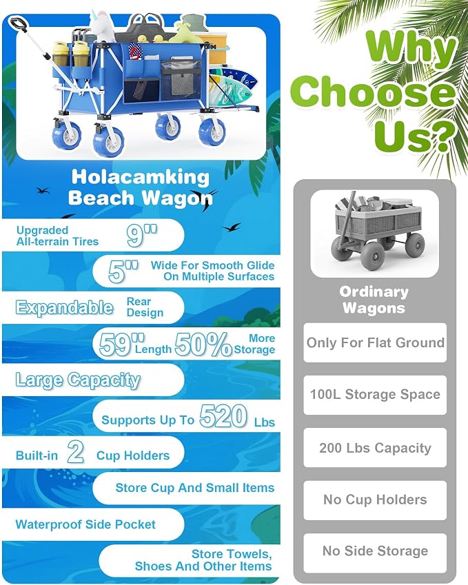 59"L Beach Wagon with 9×4" Big Sand Wheels, Expandable Tailgate | Heavy Duty Collapsible Utility Cart with 9" All-Terrain Non-inflatable Balloon Wheels for Beach Camping Baseball Fishing