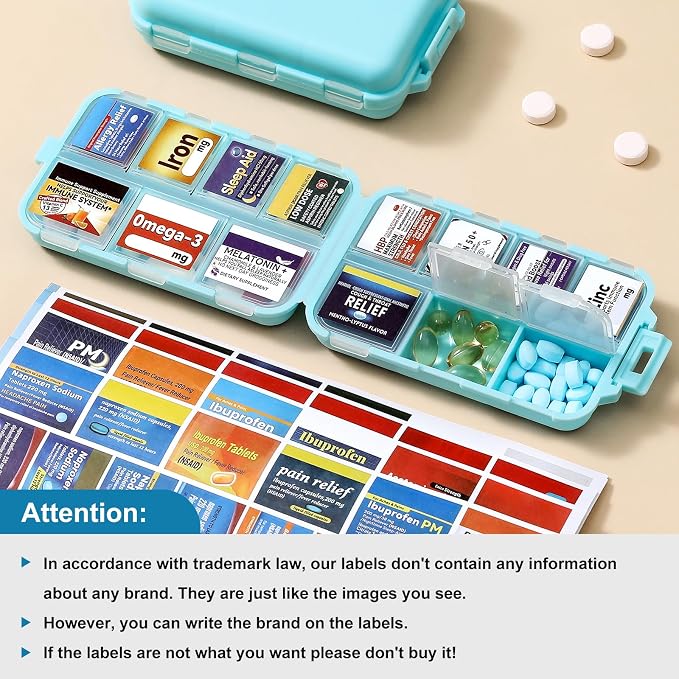 14 Grids Travel Pill Organizer Box with 415-Pcs Medicine Name Labels - Pocket Daily Pharmacy Case Container Kit - Travel Medication Holder Dispenser for Fish Oil Vitamin Supplement Storage - Sky Blue