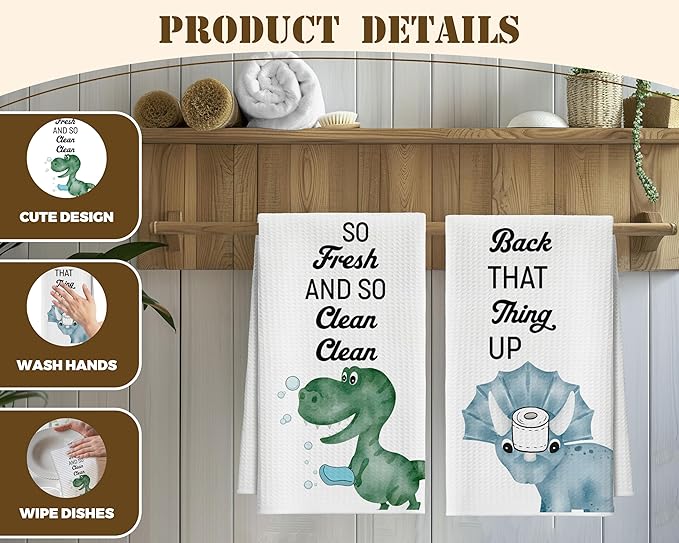 Bath Towels Set of 2, Cute Funny Dinosaurs Dish Towel for Bathroom Spa Kitchen, Decorative Hand Towels, Fast Drying Tea Towel, Housewarming Xmas Gifts for Dinosaurs Lover Women Mom -B32