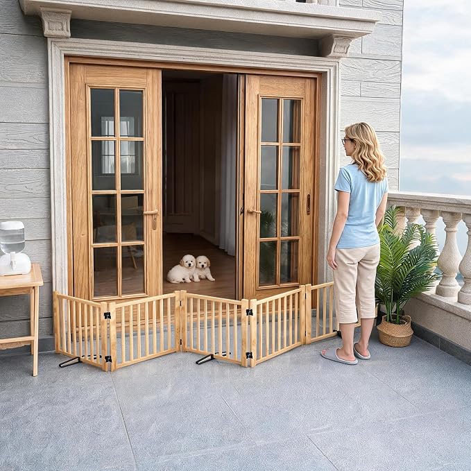 YOCAN Paint-Free Wooden Freestanding Dog Gate - 5 Panel H:16.9'' | Pet Gate for The House,Doorways, Stairs,Wood Dog Fences Indoor Pet Gate,Step Over Fence