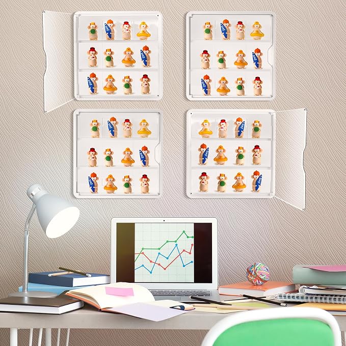 Honeydak 4 Pcs Clear Display Case for Figures Wall-Mounted Doll Storage Box 3Tiers Dust Proof Acrylic Figure Display Case with Magnetic Door for Collectible Mini Figures Toys 11.81 x 11.81 x 3.15 inch