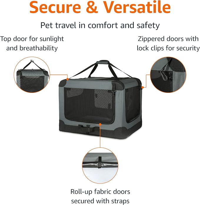 Amazon Basics Portable Folding Soft Dog Crate, 4-Doors, Collapsible Travel Kennel for Cat, Dog, and Small Animals, Quick Setup, Small 26" x 18" x 18", Grey