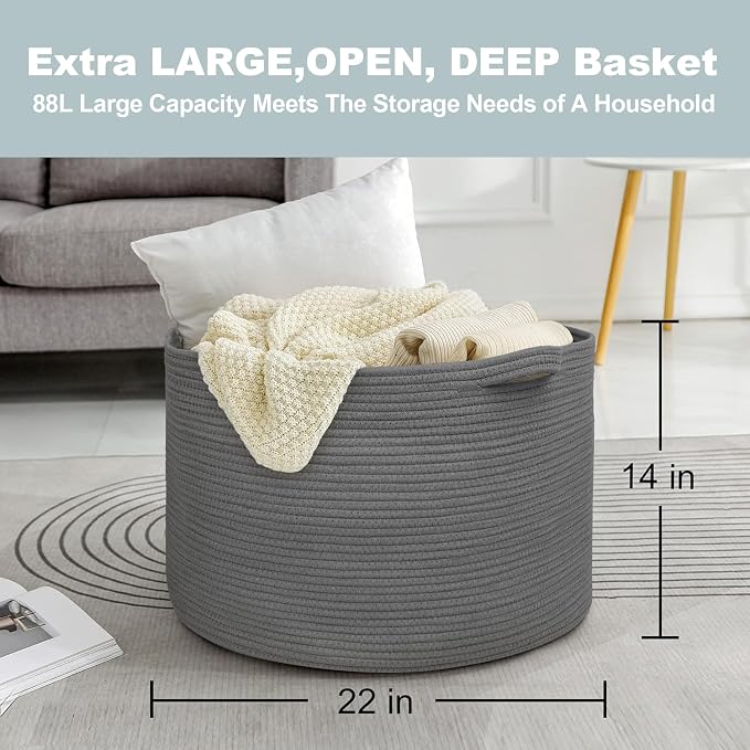 Large Dark Grey Storage Basket, Woven Cotton Rope Baskets for Storage, Big Blanket Organizer Storage Basket for Living Room, Kids Room Toy Storage Organizer Box, Blanket Keeper (22"x14")