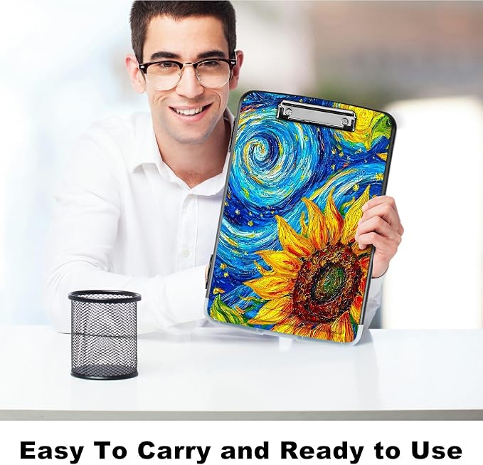 Starry Sunflower A4 Clipboard with Storage Pen Holder, Clipboards Organizer Nursing Clipboard Foldable File Folder Plastic Clipboard Folio Clip Board for Office Students Classroom Doctor