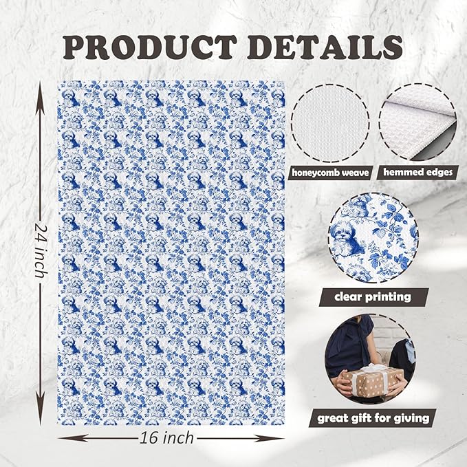 Chicimln Chinoiserie Cavapoo Dog Kitchen Towels, Cavapoo Gifts for Women Decorative Hand Towels for Bathroom, Blue and White Dog Dish Tea Towel Drying Cloth for Kitchen Decor, 16x24 Inch