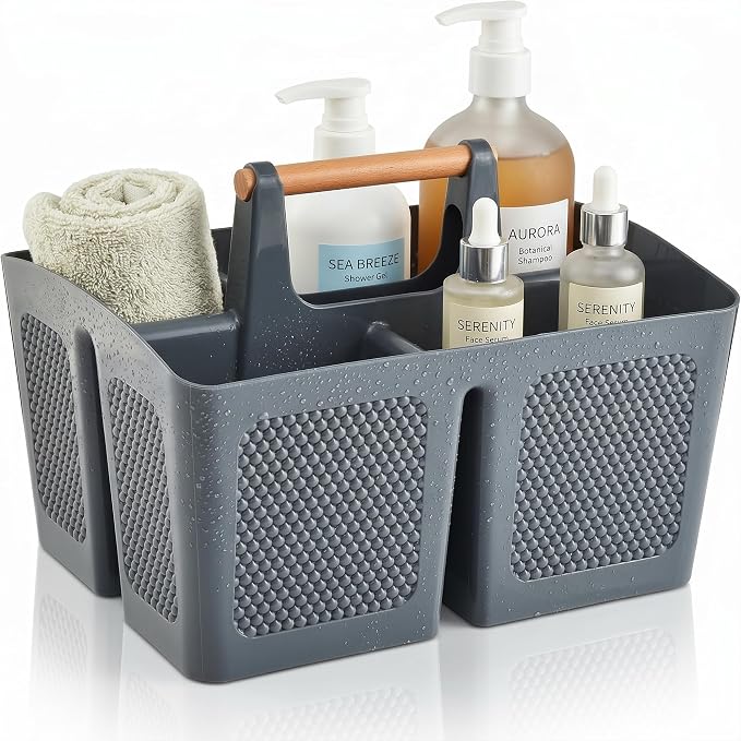 Haundry Portable Shower Caddy Tote with Wooden Handle, 3 Compartment Plastic Organizer Basket for College Dorm Essentials, Bathroom Cleaning Supplies, Gray