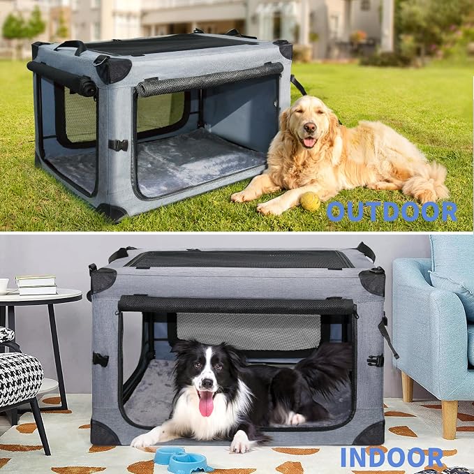 NEZUC Collapsible Dog Crates for Large Dogs Portable Soft Sided Travel Dog Carrier for Indoor & Outdoor, 4-Door Foldable Pet Kennel with Durable Mesh Windows (Gray, 30.0" L x 20" W x 20.0" H)