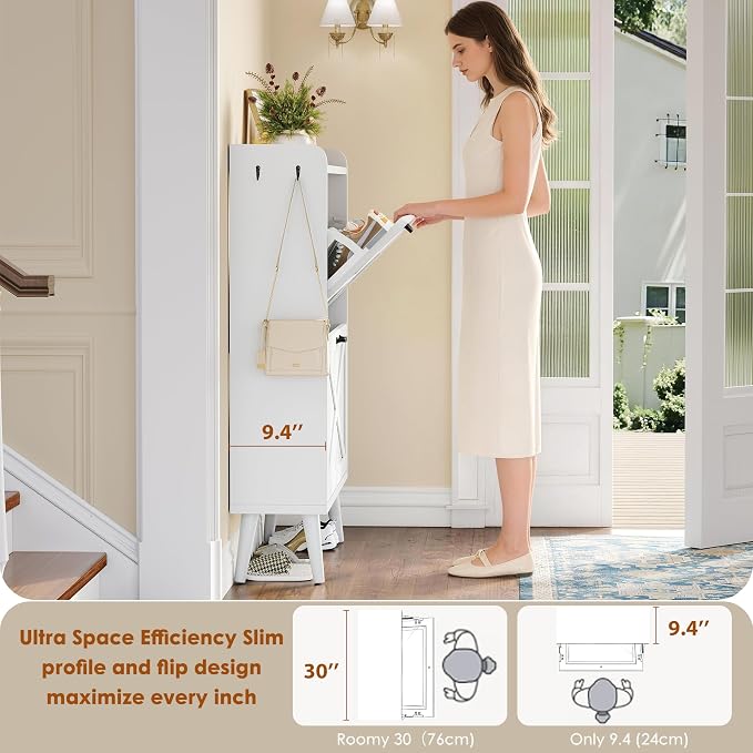 Shoe Cabinet Storage for Entryway with 2 Flip Drawers,Barn Door | Narrow Shoe Rack Cabinet with Adjustable Shelves & Hidden Storage for Foyer, Hallway, Living Room, 2 Hooks,White