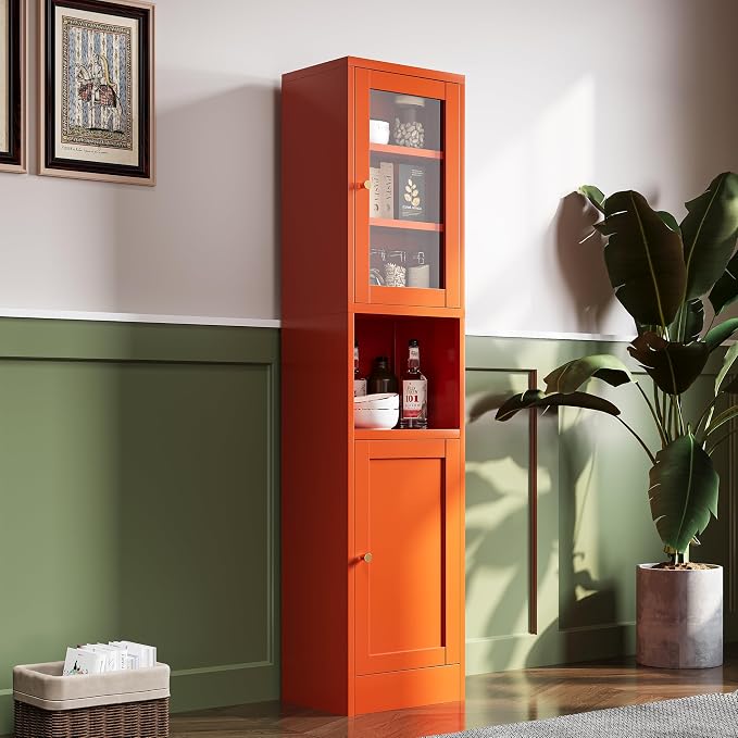 67"H Tall Narrow Bathroom Storage Cabinet, Metal Cabinet, Orange Floor Cabinet,Skinny Storage Cabinets with 4 Adjustable Shelves,Slim Tall Floor Cabinet,Thin Bathroom Storage Cabinet for Living Room