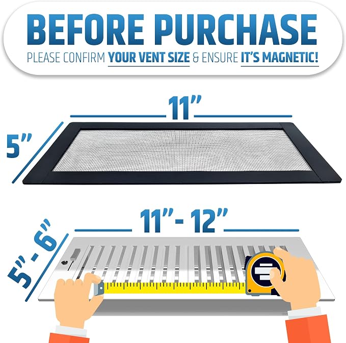 Powerful Magnetic Vent Screen Mesh Covers (3-Pack) That Will Never Move or Fall - for Floor, Wall & Ceiling Registers of Width 5" to 6", Length 11" to 12" - Super Strong Neodymium Magnets | Black