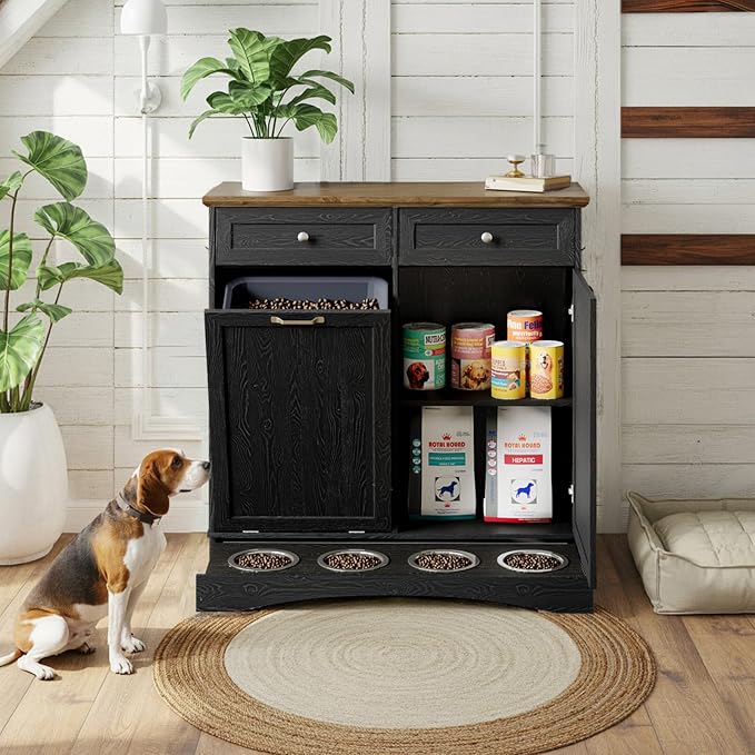 Double Door Dog Feeding Station with Storage, 10 Gallons Tilt Out Trash Can Cabinet, Dog Food Cabinet with Dog Bowls, Pet Organizer Cabinet for Kitchen/Living Room (Black, Double Door)