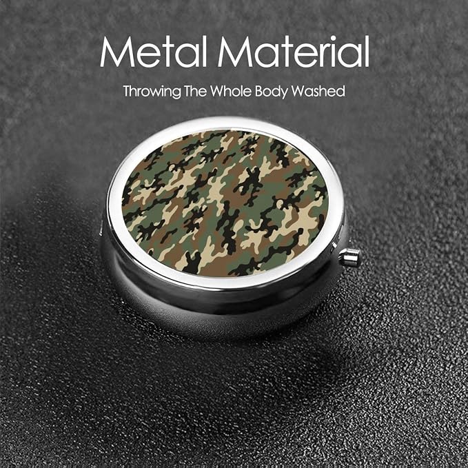 Pocket Medicine Case, Dark Brown Camouflage Round Small Organizer, Waterproof Pill Box for Vitamins, Travel Holder Purse Carry for Commute