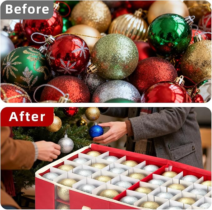 Christmas Ornament Storage Box with Adjustable Dividers, Large Holiday Ornaments Storage Container Bin with Zippered Top for Xmas Decorations (128-3" Balls, Red, Without Tray)