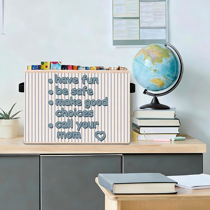 Have Fun Be Safe Storage Bin, Blue White Stripe Fabric Basket Organizer | Foldable collapsible fabric organizer for dorm room, bedroom, classroom, playroom, toys, books, clothes