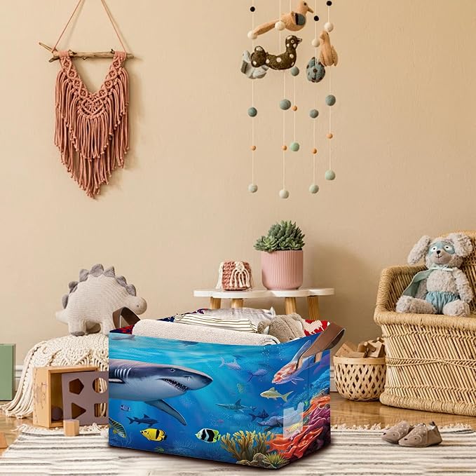 Shark Pattern Storage Basket Large 17x11.5x10.5 Inches -Collapsible Fabric Organizer Bin with Handles for Kids Room, Underwater Theme, Boys Room-Decorative Hamper with Marine Life Graphics-Single Pack