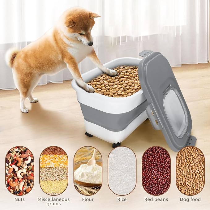 Dog Food Storage Container 17 lb, Airtight Pet Food Storage Containers with Wheels & Removable Sealed Lid, Collapsible Cat Food Containers Dry Food with Scoop and Measuring Cups