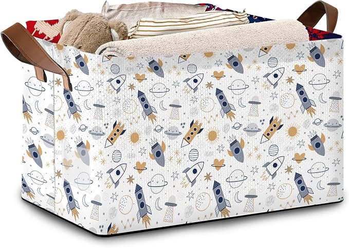 Cosmic Explorer Storage Basket Large 17x11.5x10.5 Inches-Collapsible Fabric Organizer Bin with Handles for Nursery, Playroom, Astronomy Fans-Decorative Hamper with Celestial Body Patterns-Single Pack