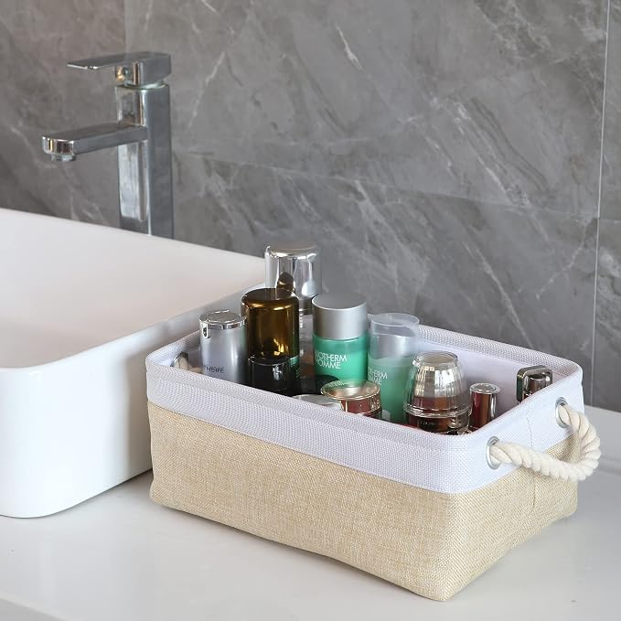 Sea Team Compact Rectangle Canvas Open-Top Storage Baskets, 3-Pack | Collapsible Fabric Storage Bins with Handles, Closet Shelf Organizers, 12 x 8 x 5 Inches, Beige & White