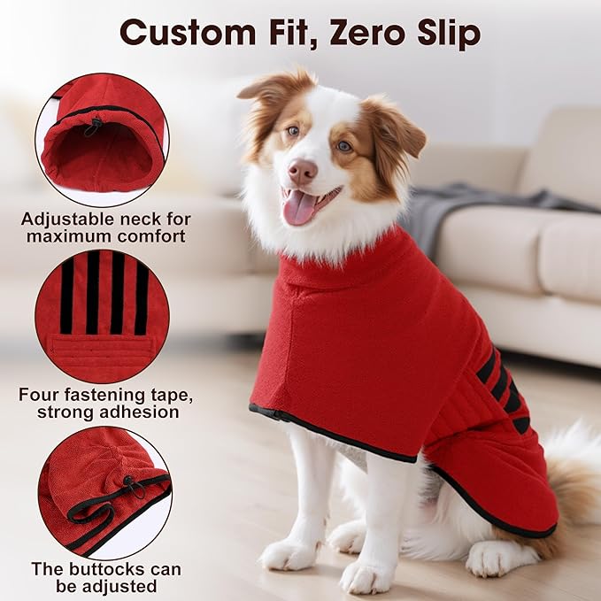 Microfibre Dog Bathrobe Towel Wrap Super Absorbent Dog Drying Coat Bath Robe for Puppy, Medium & Large Dogs, Fast Drying, Adjustable