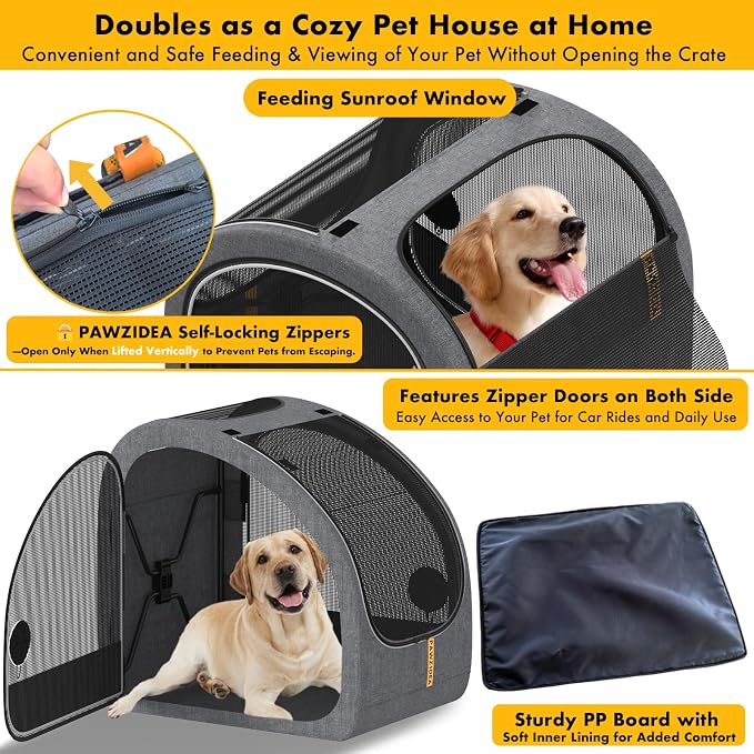 PAWZIDEA Portable Dog Crate for Car Travel, Medium & Large Dogs Up to 80lbs | Soft-Sided Dog Car Kennel for Backseat, Secures Seatbelt & Headrest Strap, Collapsible Enclosed Car Seat Carrier, Chew-Proof