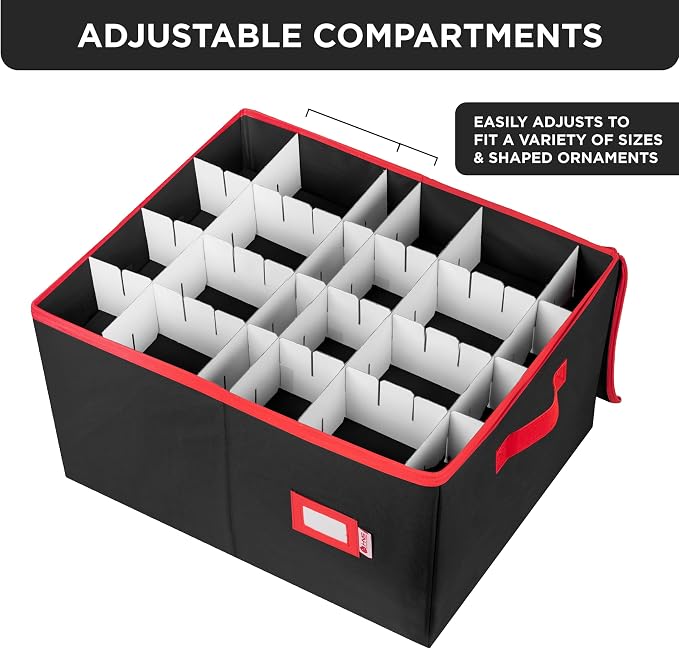 Christmas Ornament Storage Container with Dividers - Box Stores Up to 96 Ornaments, Zippered, Convenient, Adjustable, Large Organizer Bin to Protect Holiday Décor, Fits Most Standard Size, Black