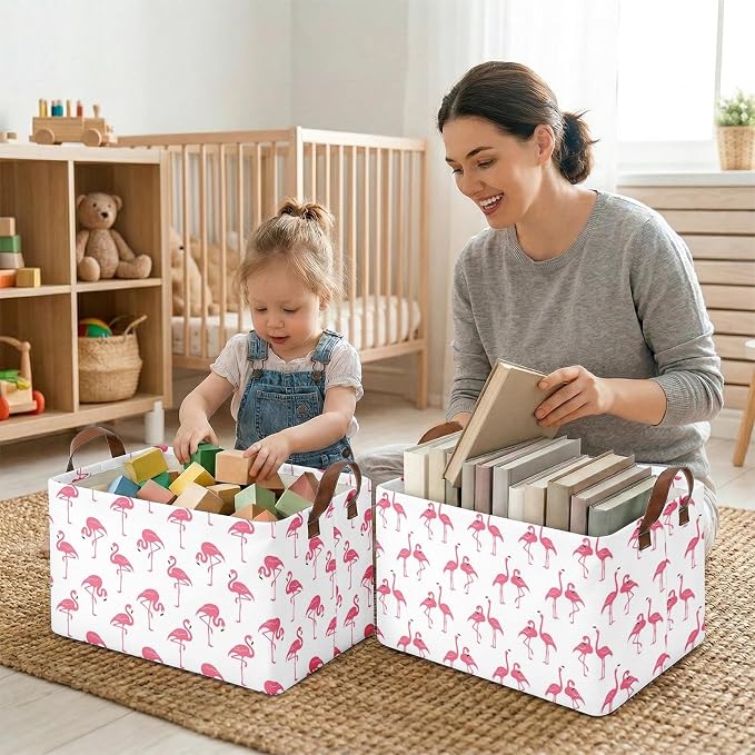 Britimes Flamingo Storage Baskets for Gifts, Toy Storage Bins Box, 3 Pcs | Summer Flamingo Canvas Collapsible Baskets Organizer with Handles Nursery Decor Laundry Basket for Shelves Closet