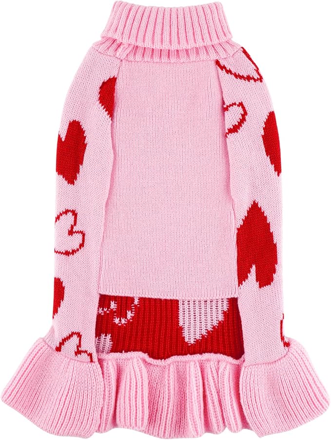 cyeollo Valentines Dog Sweater Dress, Turtleneck Pullover Heart Outfit