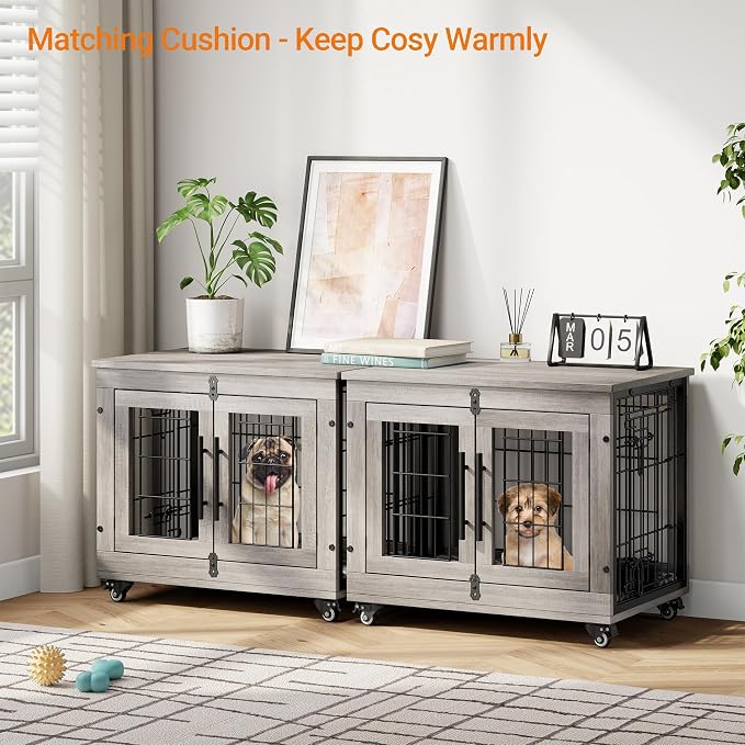 Small Dog Crate Furniture, 27.1'' Heavy Duty Kennel with Cushion & Wheels | Grey, Double Doors, Wooden Dog Cage, Chew-Resistant, End Table, Decorative, 27"/32"/38"/44" Options, Indoor